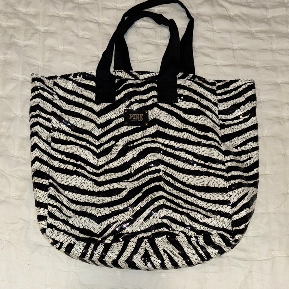 RARE PINK Bling Victoria's Secret Black and White Zebra Print Tote